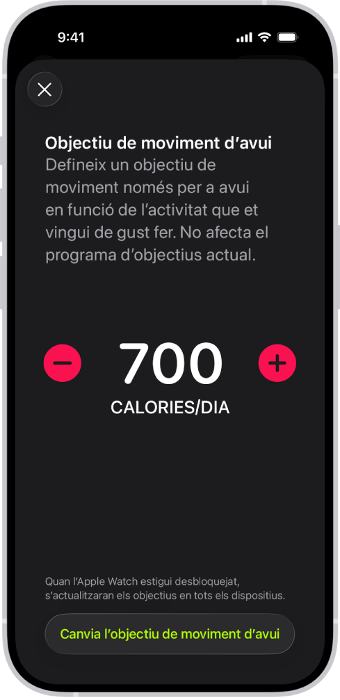 La pantalla “Programa de l’objectiu de moviment” de l’app Fitnes, que mostra els botons per augmentar o reduir l’objectiu de moviment segons el dia de la setmana.
