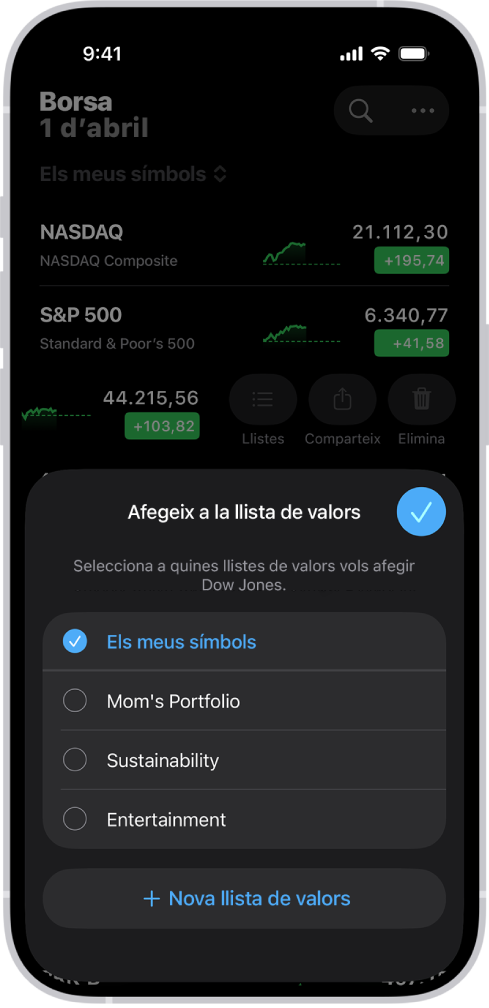 Una sèrie de llistes personalitzades a l’app Borsa: Els meus símbols, Cartera de la mare, Sostenibilitat i Entreteniment.