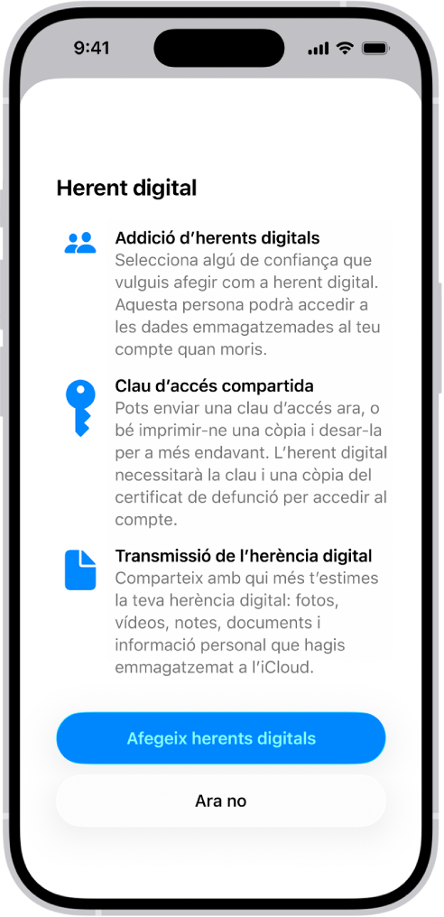 La pantalla “Afegeix un contacte de recuperació” mostra suggeriments de contactes que pots seleccionar com a contactes de recuperació i l’opció de seleccionar algú altre.