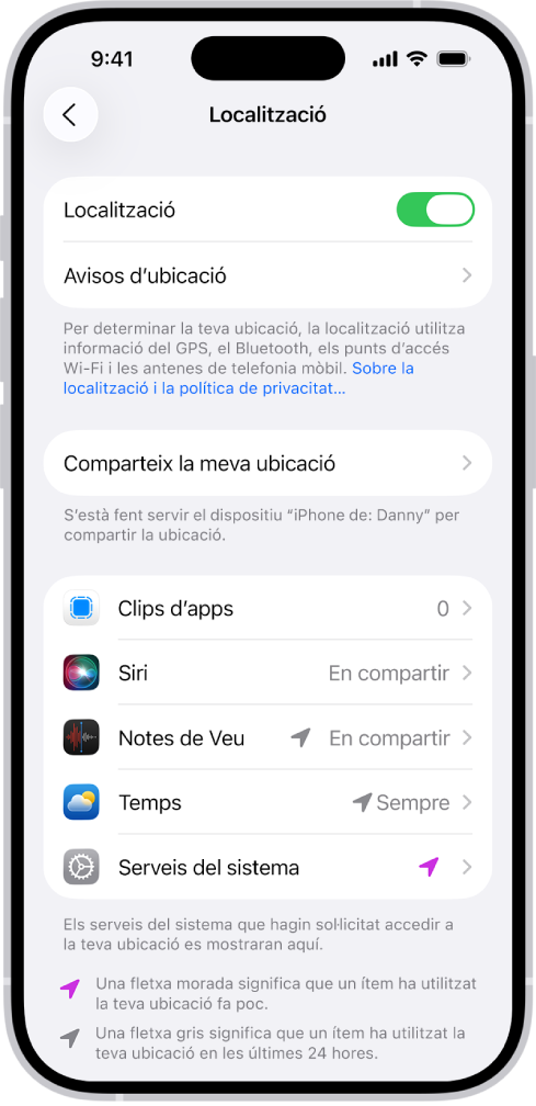 La pantalla “Localització” amb la configuració per compartir la ubicació del teu iPhone amb apps.