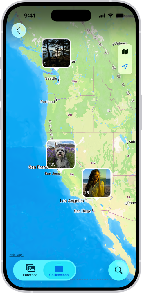 S’obre la vista de mapa a l’app Fotos amb les ubicacions ressaltades. S’enumera el nombre de fotos que s’han fet a cada ubicació.