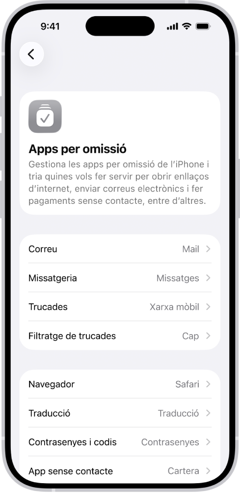 La pantalla per canviar les apps per omissió que s’utilitzen per enviar correus electrònics i navegar per internet, entre d’altres.