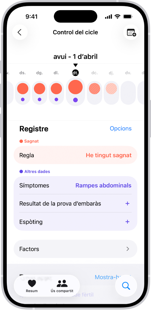 Pantalla Control del Cicle que mostra una línia de temps d’una setmana a la part superior. Els primers cinc dies de la línia de temps es marquen amb cercles amb el fons vermell i punts morats. A sota de la línia de temps, hi ha opcions per afegir informació sobre la regla i els símptomes, entre d’altres.