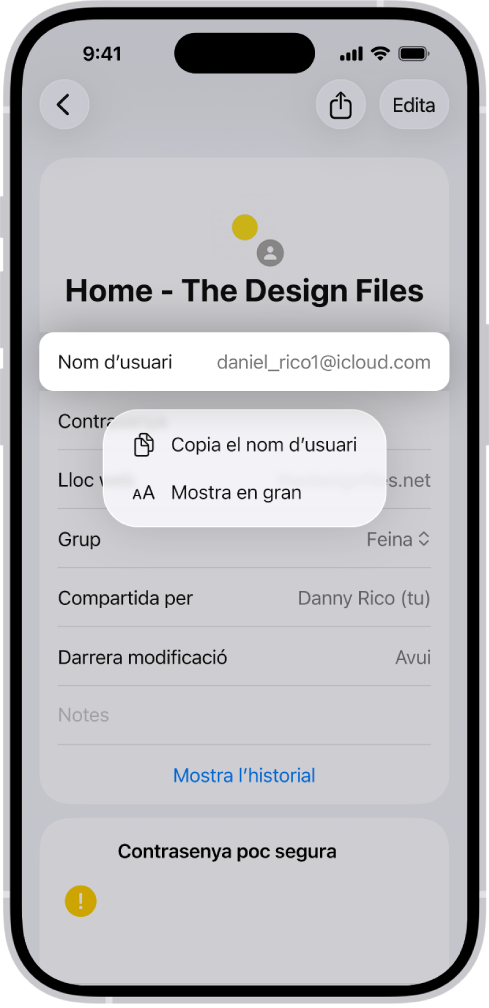 A la pantalla d’un compte es mostra el nom d’usuari ressaltat, amb opcions per copiar el nom d’usuari i mostrar en lletra gran.