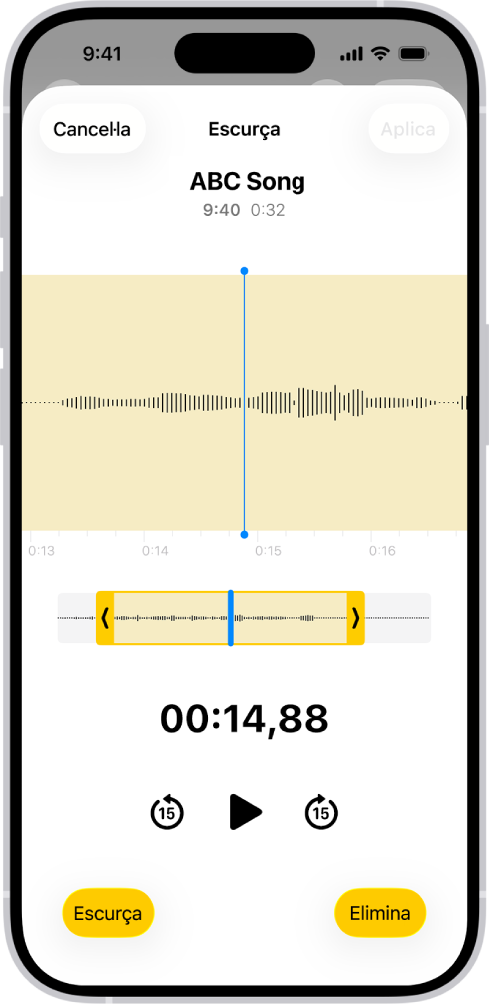 Una gravació que s’està editant, amb els marcadors de retallada grocs que emmarquen una part de la forma d’ona de l’àudio a la part inferior de la pantalla. A sota de la forma d’ona hi ha el botó de reproducció i un temporitzador de la gravació. Els marcadors de retallada es troben a sota del botó “Reprodueix”. A cada costat del botó de reproducció hi ha el botó “Escurça” (per eliminar la part de la gravació que queda fora dels marcadors) i el botó “Elimina” (per eliminar la part de la gravació que queda dins dels marcadors).