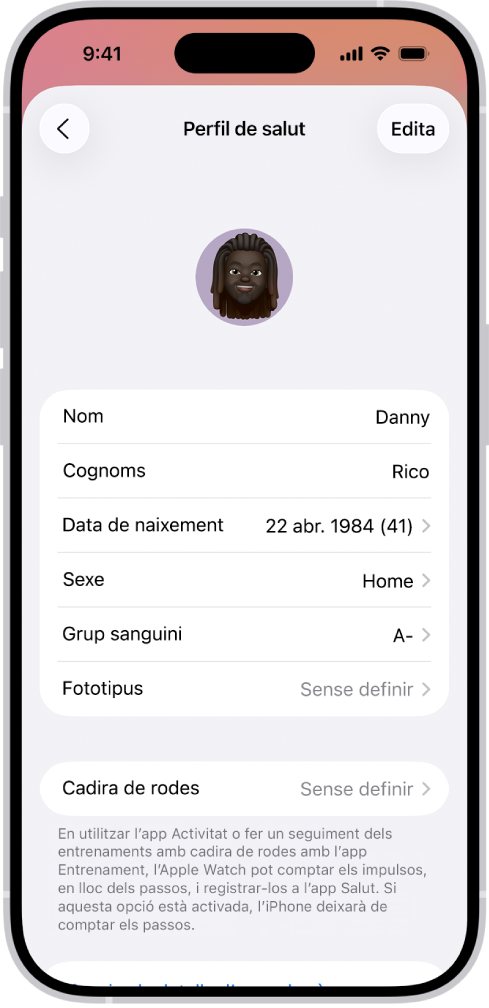 La pantalla de detalls del perfil de salut, que inclou camps per al nom, la data de naixement, el grup sanguini i altra informació.