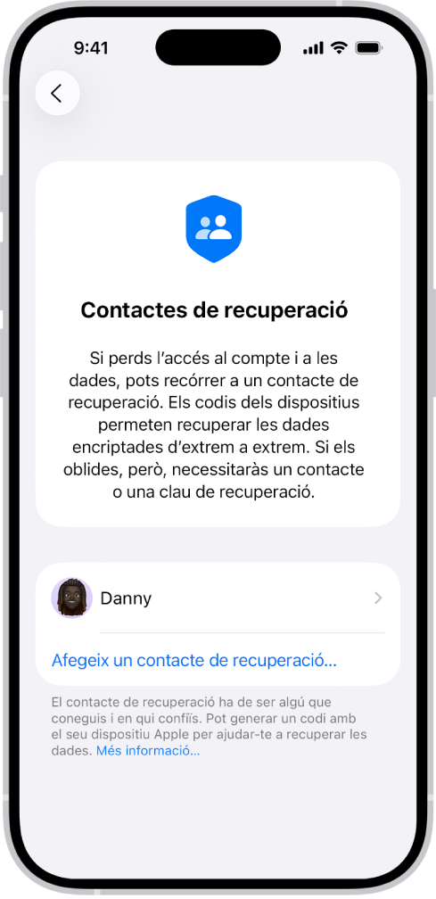 Es mostra la pantalla per afegir un contacte de recuperació.