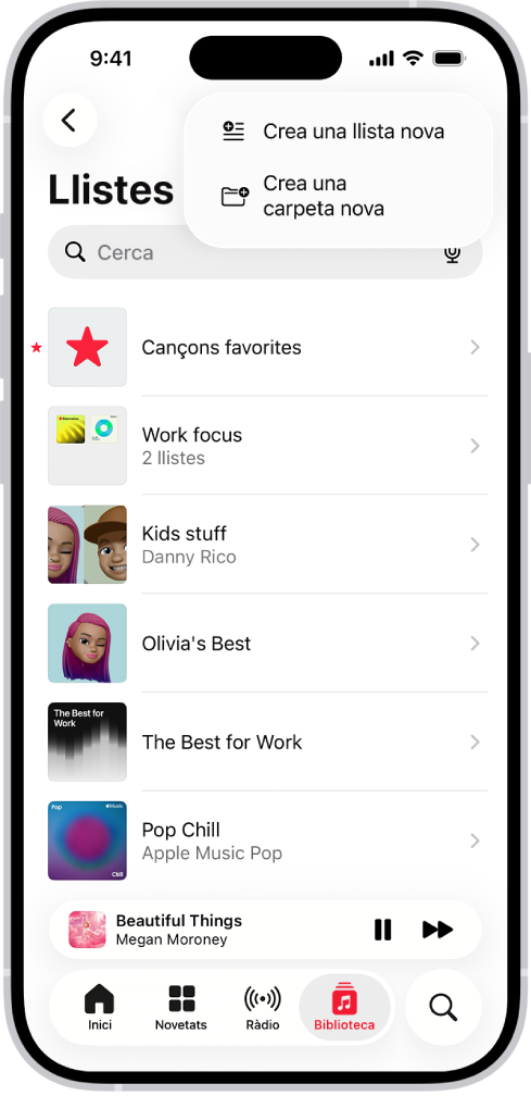 La pestanya “Biblioteca” mostra la llista de llistes de reproducció. A la part superior hi ha els botons per crear una nova llista de reproducció o una nova carpeta.