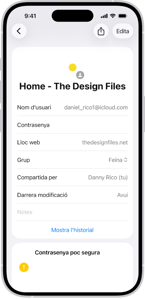 Una llista de tots els comptes amb contrasenya que estan desats a l’app Contrasenyes.