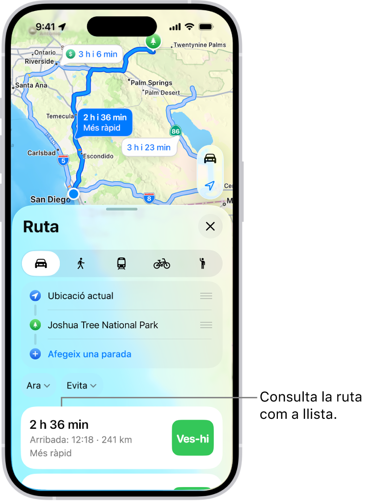 Una targeta amb diverses opcions de ruta.