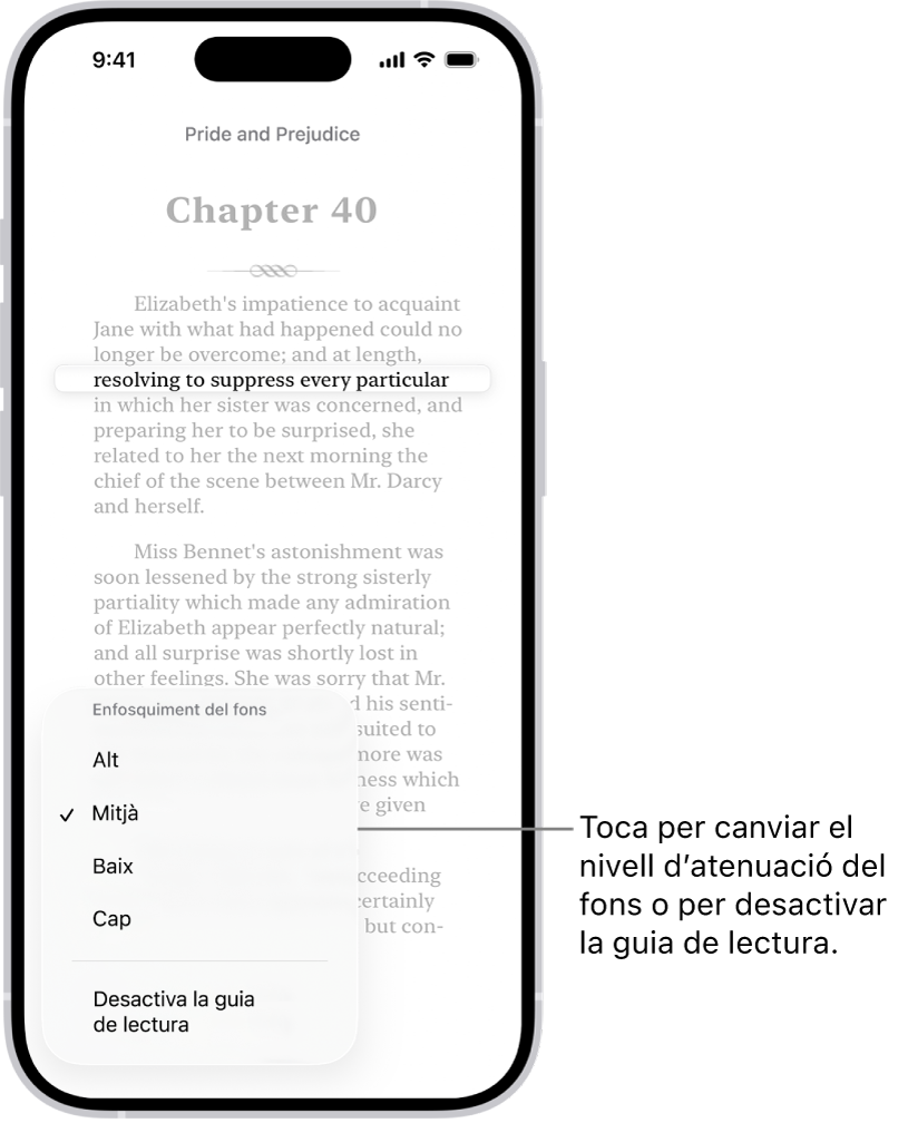 Pàgina d’un llibre a l’app Llibres. Es ressalta una sola línia de text i la resta s’atenua. A la part inferior esquerra de la pantalla hi ha el botó “Menú de la guia de lectura”.