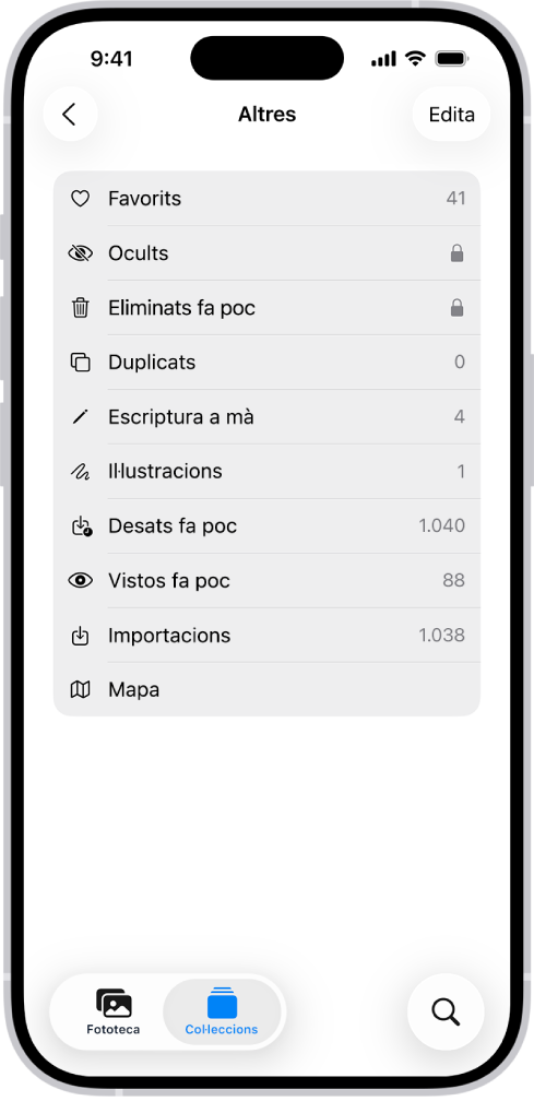 A l’app Fotos, s’obre la col·lecció “Altres” amb una llista de col·leccions de fotos.