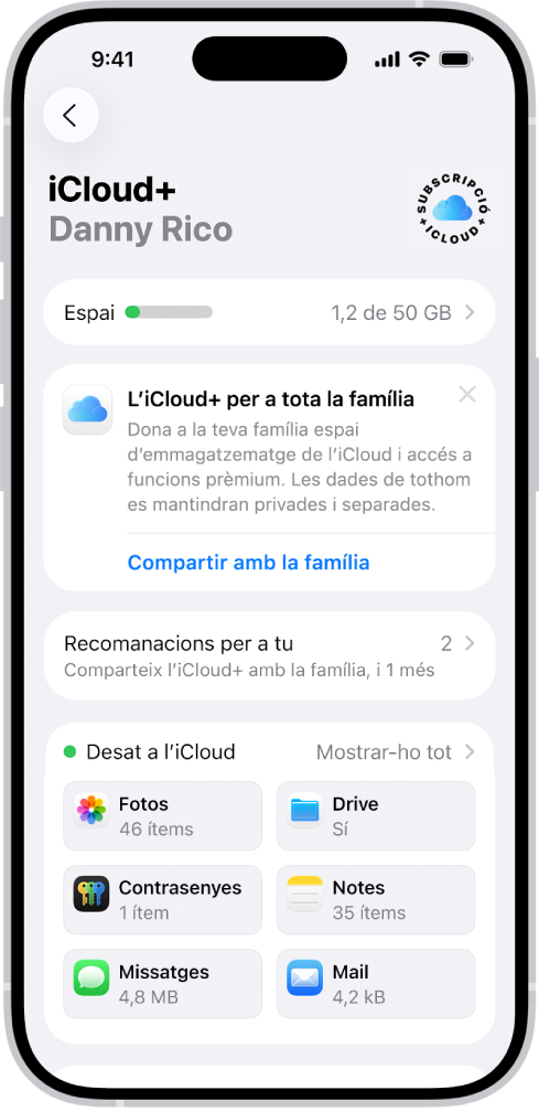 Pantalla de configuració de l’iCloud amb l’indicador d’emmagatzematge a l’iCloud i una llista que inclou l’app Fotos, l’iCloud Drive i la funció de còpia a l’iCloud, entre altres apps i funcions que es poden utilitzar amb l’iCloud.