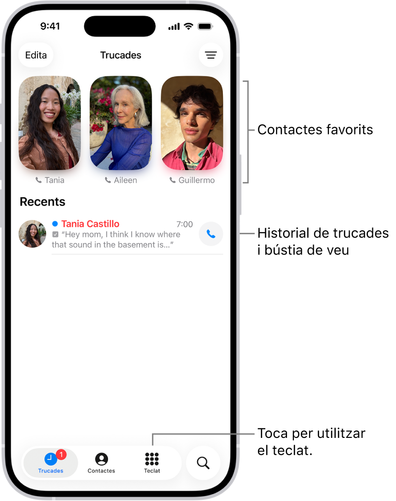 La pestanya “Trucades” de l’app Telèfon amb la disposició unificada. Els contactes favorits apareixen a la part superior. A sota dels contactes favorits hi ha una llista de les trucades i els missatges de veu recents. A la part inferior hi ha els botons per veure les pestanyes “Trucades”, “Contactes” i “Teclat”. A l’angle inferior dret hi ha el botó “Cerca”.