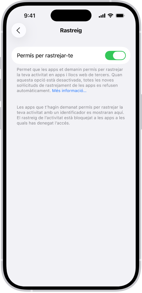 La pantalla de rastreig mostra una opció per controlar si les apps tenen permís per demanar si poden rastrejar-te en pàgines web o apps d’altres empreses.