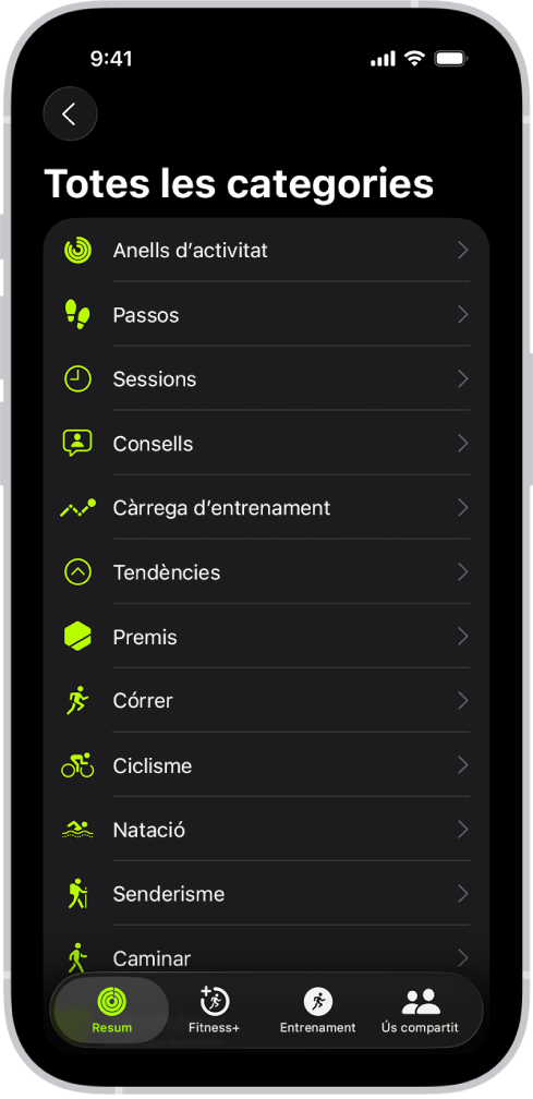 Pantalla “Fitnes”, que mostra una llista de categories d’activitat física.