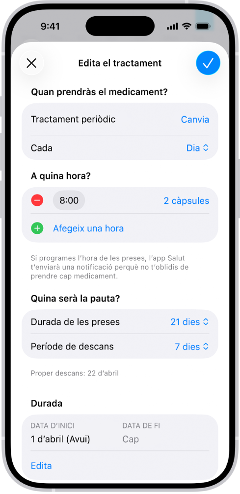 Pantalla de medicaments de l’app Salut, en què es mostren les opcions per modificar l’horari d’un medicament.
