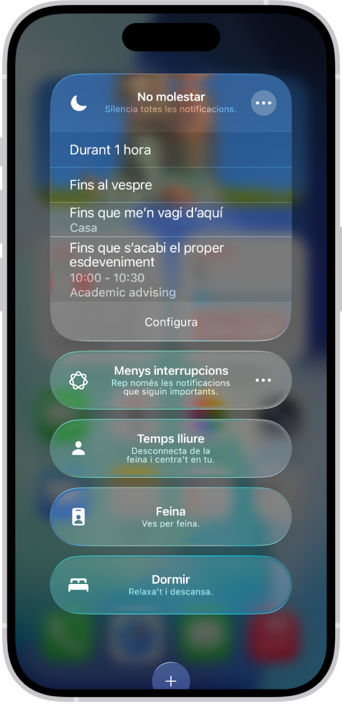 Pantalla per seleccionar el temps durant el qual vols deixar activada la funció “No molestar”. Les opcions són: “Durant 1 hora”, “Fins al vespre” i “Fins que me’n vagi d’aquí”.