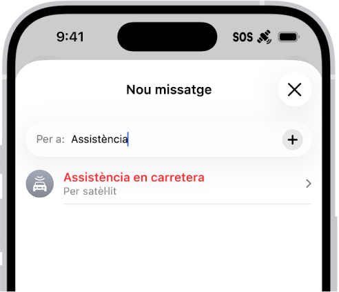Un missatge nou dirigit a “assistència en carretera”. A sota hi ha un enllaç d’assistència en carretera per satèl·lit.