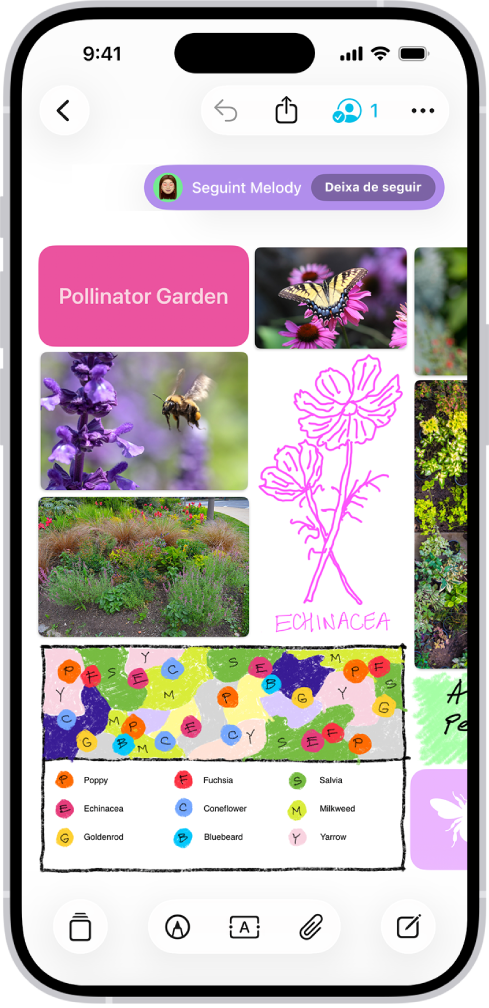 Un iPhone amb l’app Freeform oberta. La pissarra inclou escriptura a mà, text, dibuixos, formes, fotos, vídeos, notes adhesives, enllaços i altres arxius.