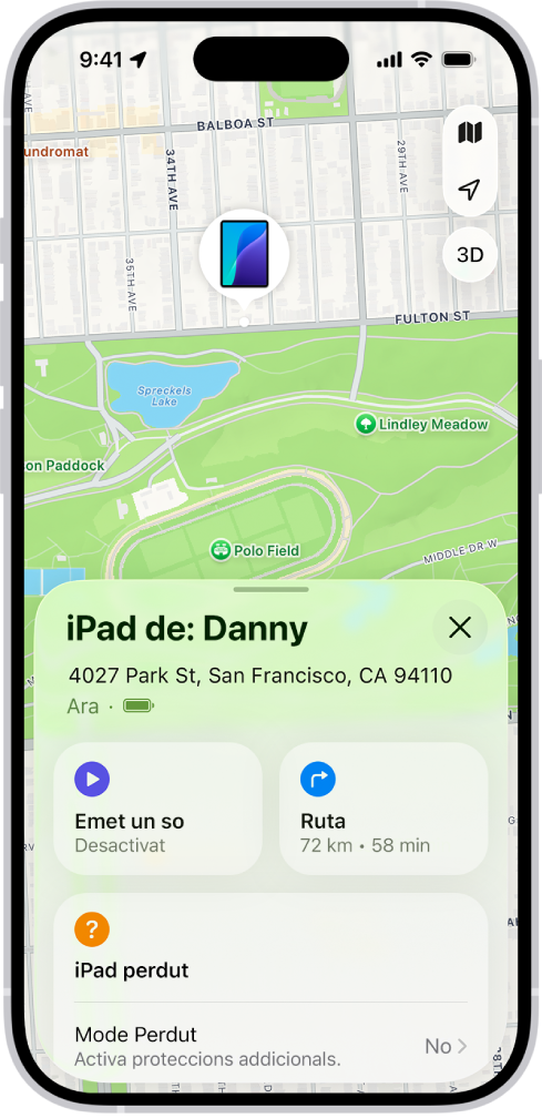 La pantalla de l’app Cerca mostra la ubicació d’un iPad en un mapa a la part superior de la pantalla.