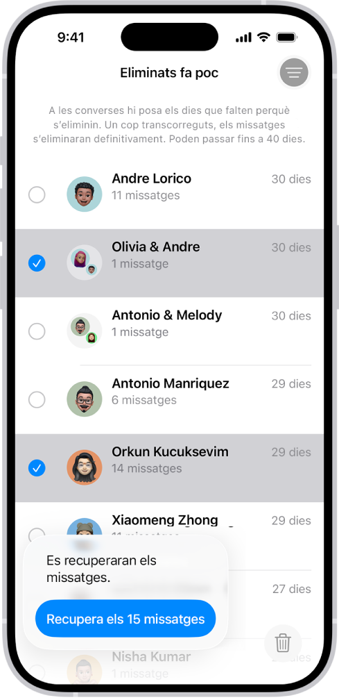 Recuperar tots els missatges eliminats de dues converses.