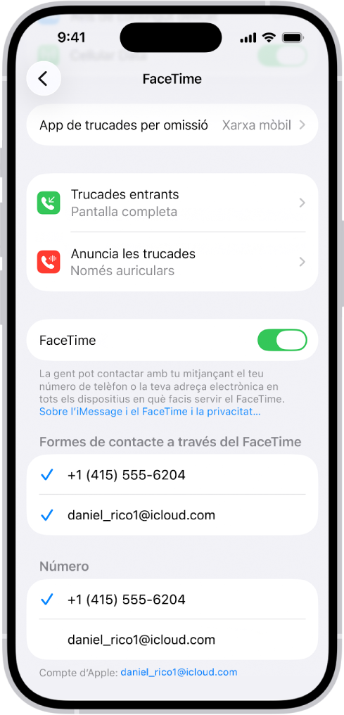 La pantalla de configuració del FaceTime, amb l’opció “App de trucades per omissió”, el control per activar o desactivar el FaceTime i el número de telèfon i l’adreça electrònica per contactar-te.