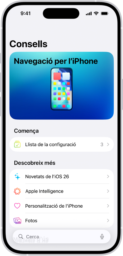 Pantalla que mostra una col·lecció de consells amb fletxes que indiquen que pots tocar una col·lecció per veure els consells que conté.