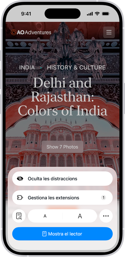 Al Safari, s’ha tocat el botó “Menú de pàgina” d’un lloc web i es mostren opcions, com ara “Gestiona les extensions”, a prop de la part inferior de la pantalla.