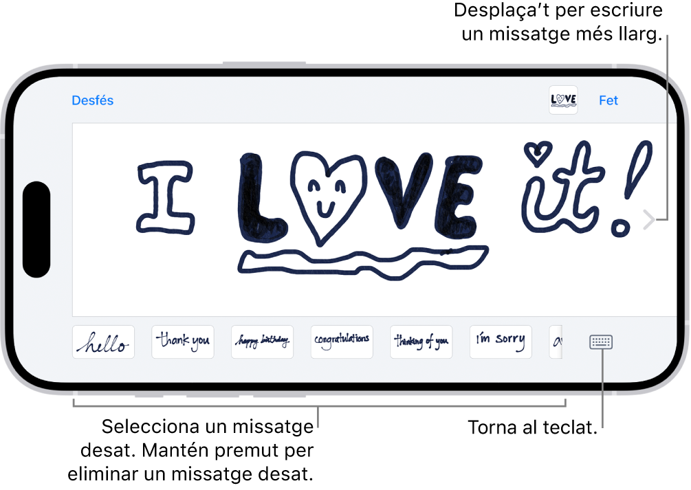 Llenç per redactar un missatge a mà. Al llarg de la part inferior, d’esquerra a dreta, hi ha els ítem escrits a mà desats i el botó “Teclat”.