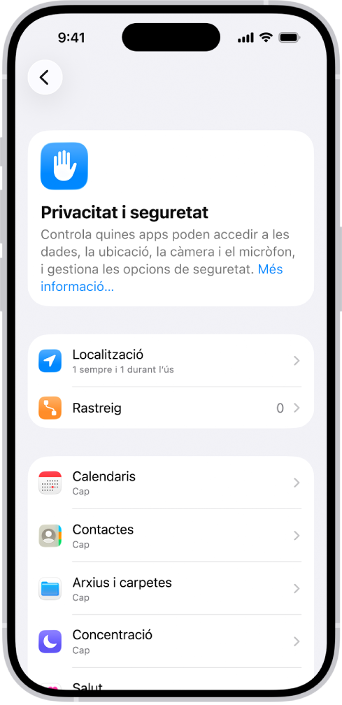 Es mostra la pantalla “Privacitat i seguretat”, amb la configuració de la secció “Localització” i “Rastreig” i opcions per controlar quines apps poden accedir a les teves dades.