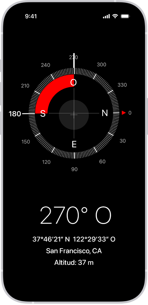 La pantalla de l’app Brúixola mostra en quina direcció està apuntant l’iPhone, la teva ubicació actual i l’elevació.