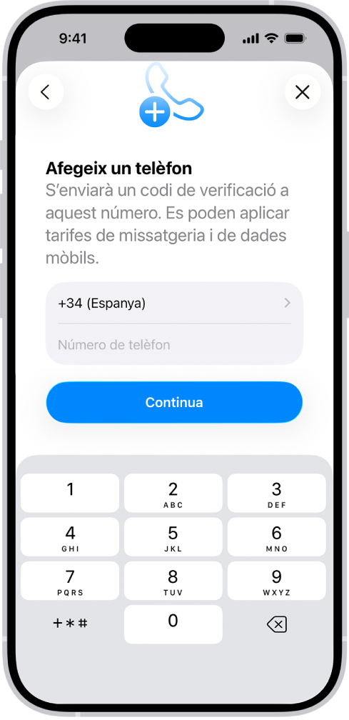 La pantalla per afegir un número de telèfon a la configuració.