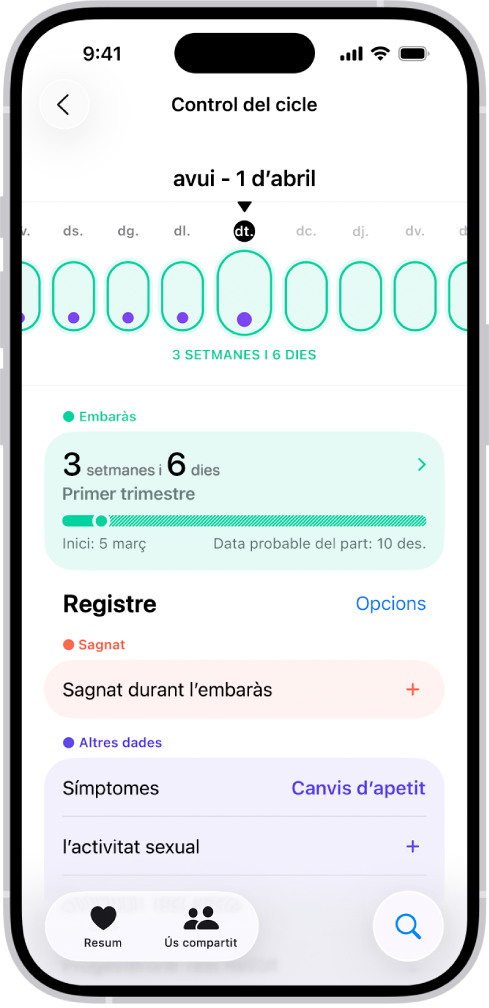 Pantalla de l’app Control del Cicle amb una línia de temps d’embaràs d’una setmana a la part superior. Els primers cinc dies de la línia de temps es marquen amb ovals de color verd clar i punts morats. La resta de dies de la línia de temps es marquen amb ovals de color verd clar amb una línia discontínua. A sota de la línia de temps hi ha un resum de l’embaràs que mostra l’edat gestacional, la data d’inici i la data probable del part. A sota del resum de l’embaràs, hi ha opcions per afegir informació sobre el sagnat durant l’embaràs i els símptomes, entre d’altres.
