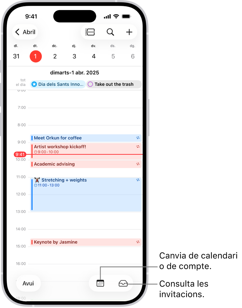 Calendari en vista diària on es mostren els esdeveniments del dia. Els botons del calendari es mostren al centre de la part inferior de la pantalla i el botó “Bústia d’entrada” apareix a la dreta de la part inferior.