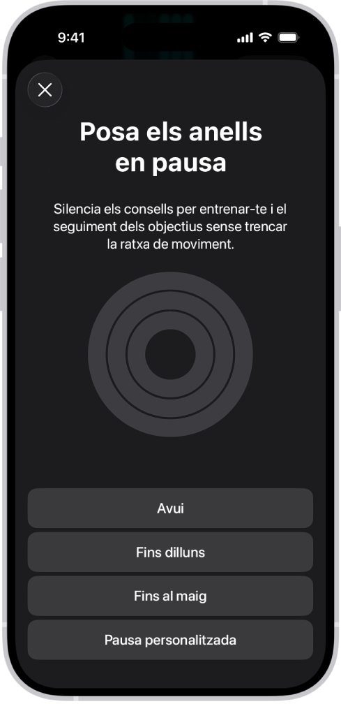 La pantalla “Posa els anells en pausa” a l’app Fitnes, que mostra opcions per posar els anells d’activitat en pausa.