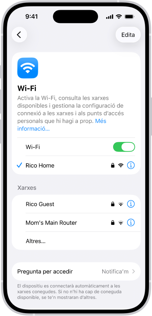Pantalla d’opcions de la Wi-Fi a l’app Configuració. La Wi-Fi està activada i hi ha una xarxa seleccionada.