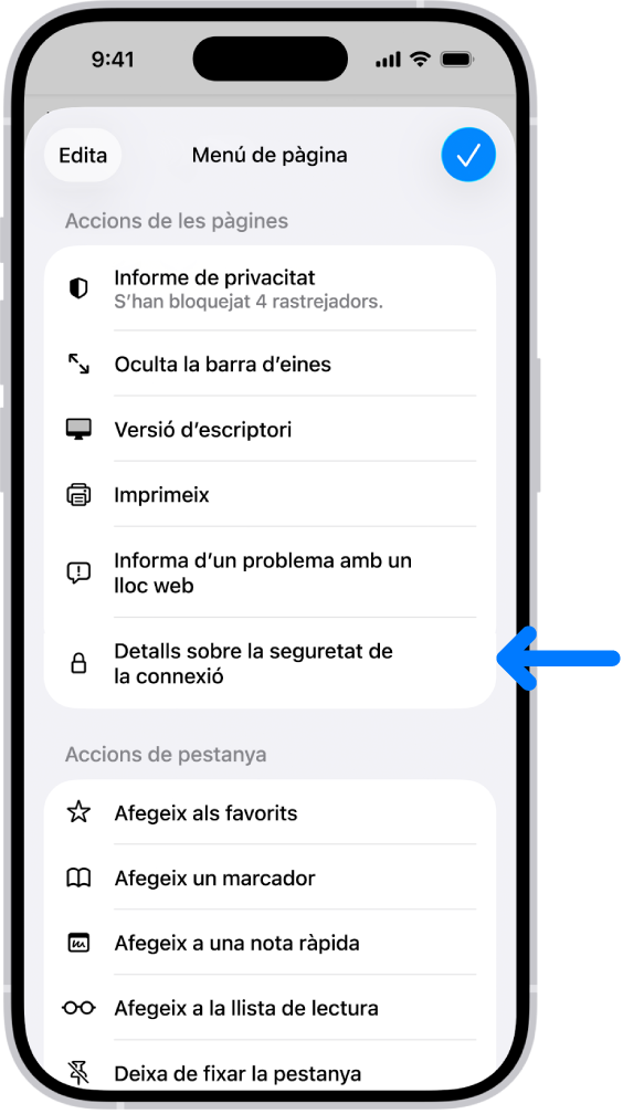 S’obre el menú de pàgina al Safari i, a la meitat de la pàgina, hi ha el control “Detalls sobre la seguretat de la connexió”.
