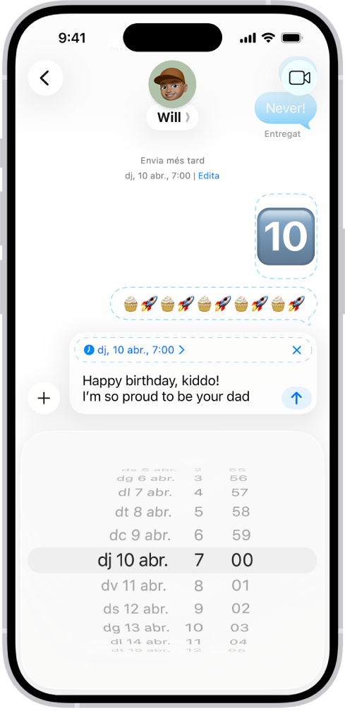 Una conversa de l’app Missatges, en què es mostren missatges programats perquè s’enviïn més tard.