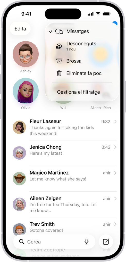Una llista de converses a l’app Missatges. Es mostren tots els missatges perquè no s’ha seleccionat cap filtre al menú de filtres.
