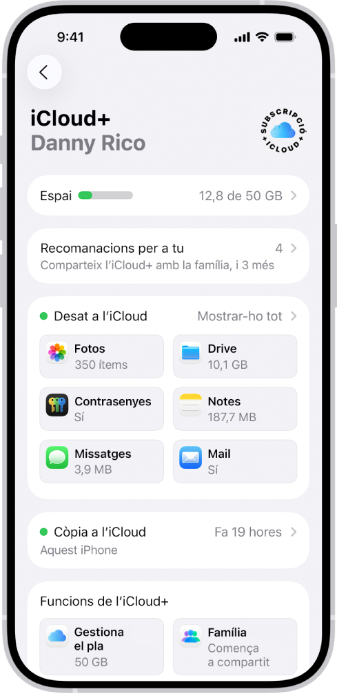 La pantalla de la configuració de l’iCloud mostra l’indicador d’emmagatzematge a l’iCloud i una llista d’apps i funcions.