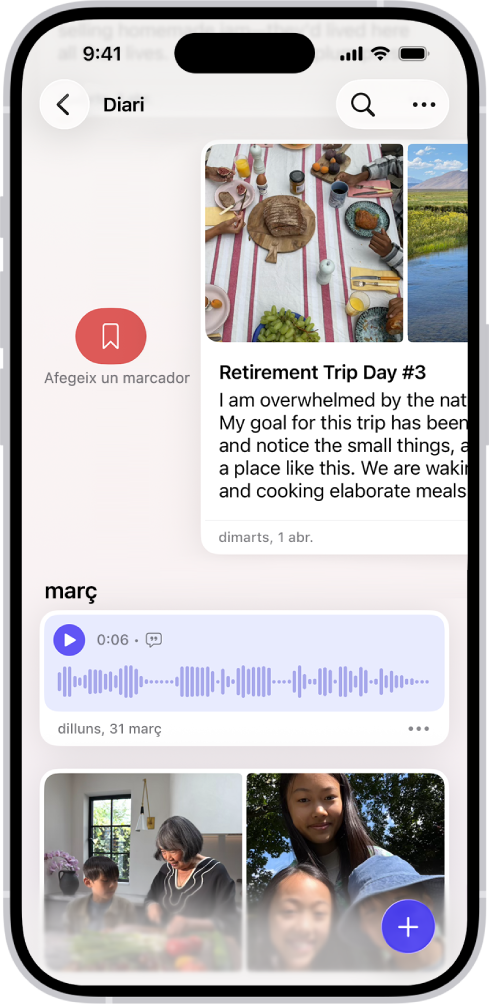 Una pantalla de l’app Diari que mostra entrades del diari. En fer lliscar una entrada cap a la dreta, apareix el botó per afegir un marcador.