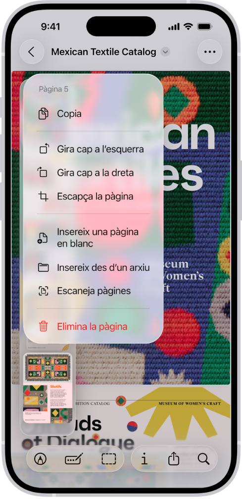 Un catàleg en format PDF amb miniatures a l’esquerra. L’última miniatura està ressaltada i a sobre hi ha un menú amb les opcions “Copia”, “Gira cap a l’esquerra”, “Gira cap a la dreta”, “Escapça la pàgina”, “Insereix una pàgina en blanc”, “Insereix des d’un arxiu”, “Escaneja pàgines” i “Elimina la pàgina”.