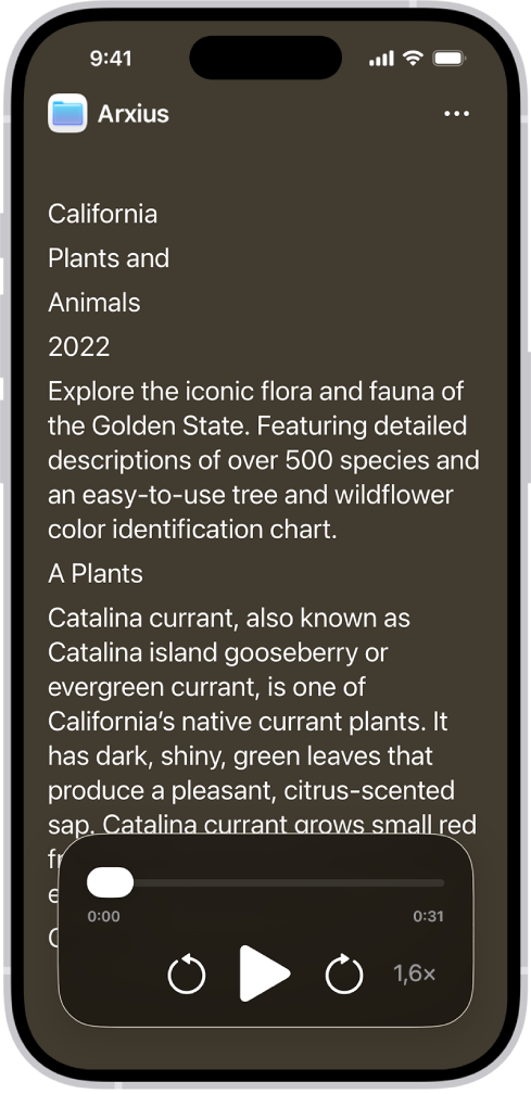 La pantalla del lector d’accessibilitat mostra text de l’app Arxius que apareix en lletres grans i el fons negre.