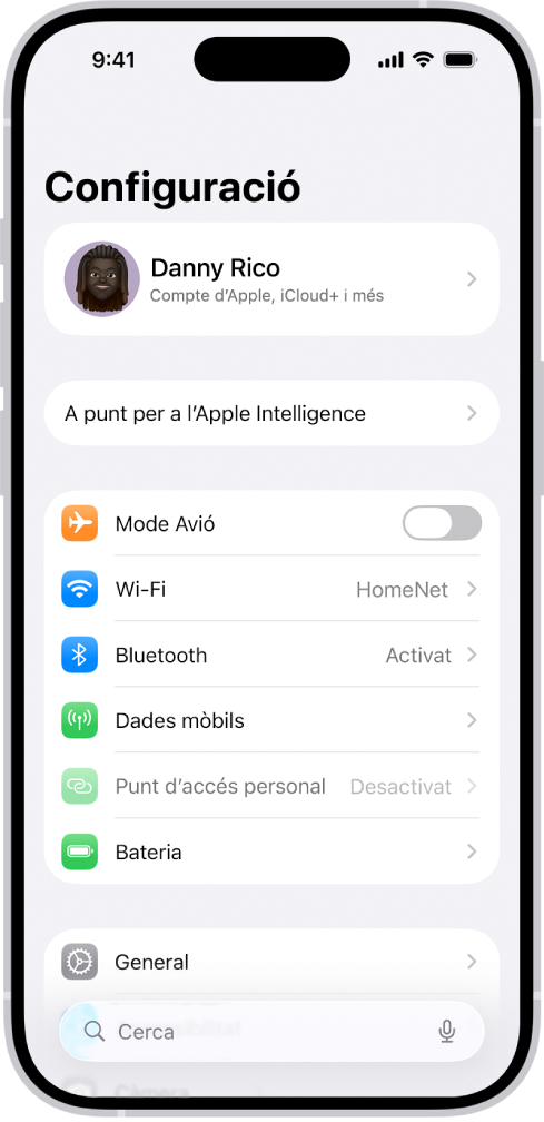 Pantalla de l’app Configuració amb el camp de cerca a la part superior i diverses opcions a sota, com ara “Wi-Fi”, “Notificacions” i “Sons i vibracions”.