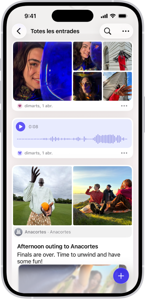 Pantalla de l’app Diari en què es mostren les entrades del diari i el botó de cerca a la part superior dreta.