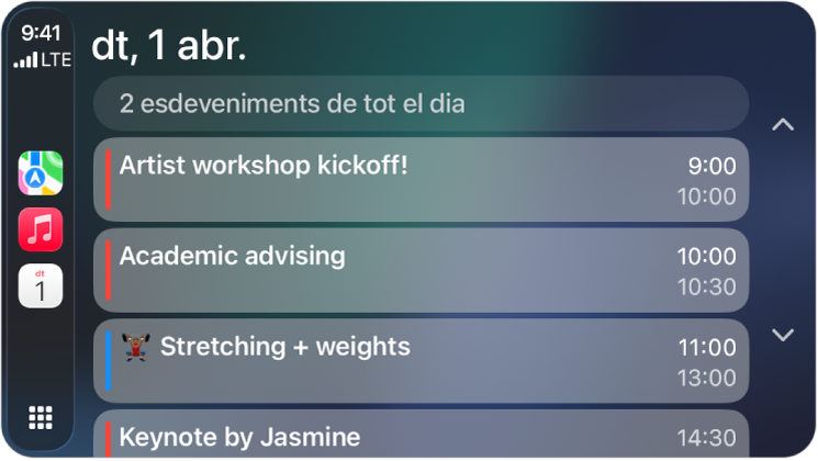 El CarPlay mostra les apps Mapes, Música i Calendari a la barra lateral. A la dreta hi ha els esdeveniments per al dilluns, 5 de juny per a una sessió de feina amb el dossier, un taller de lideratge, la preparació d’una presentació i un assaig amb la coral.