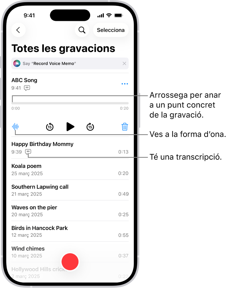 Pantalla de la llista de l’app Notes de Veu amb una gravació seleccionada a la part superior. La línia de temps de la gravació té un cursor de reproducció que pots arrossegar fins a un punt específic de la gravació. Els controls de reproducció són a sota de la línia de temps.