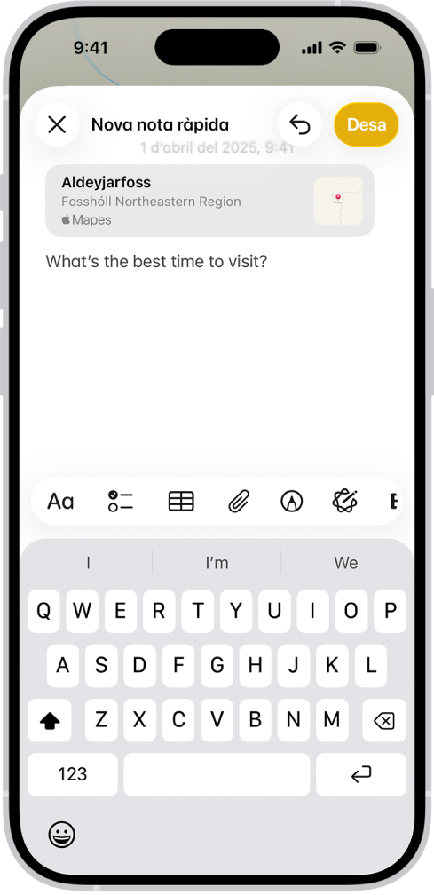 Una nota ràpida en què es mostra un enllaç a una ubicació de l’app Mapes i text a sota. El botó “Desa” és a la part superior esquerra.