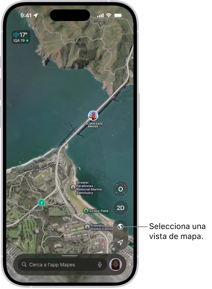 Un mapa d’un carrer i un parc en 3D que mostra arbres, punts d’interès i ubicacions com lavabos.